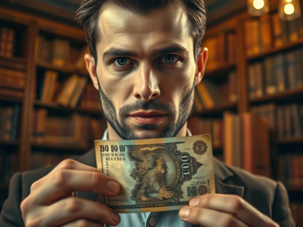 Elegancki mężczyzna trzymający w dłoniach zabytkowy banknot na tle stylowej biblioteki, symbolizujący historyczną wartość pieniądza.