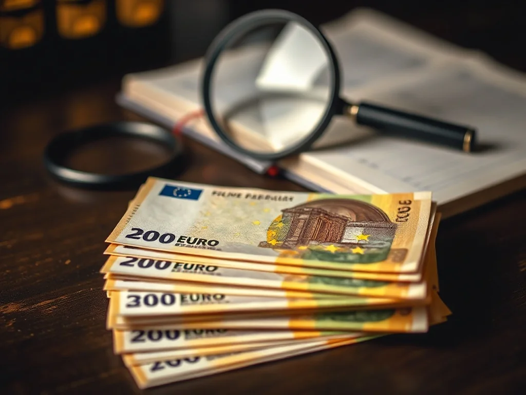 Zbliżenie na banknoty euro z wyraźnie widocznymi numerami seryjnymi na drewnianym biurku z lupą w tle.
