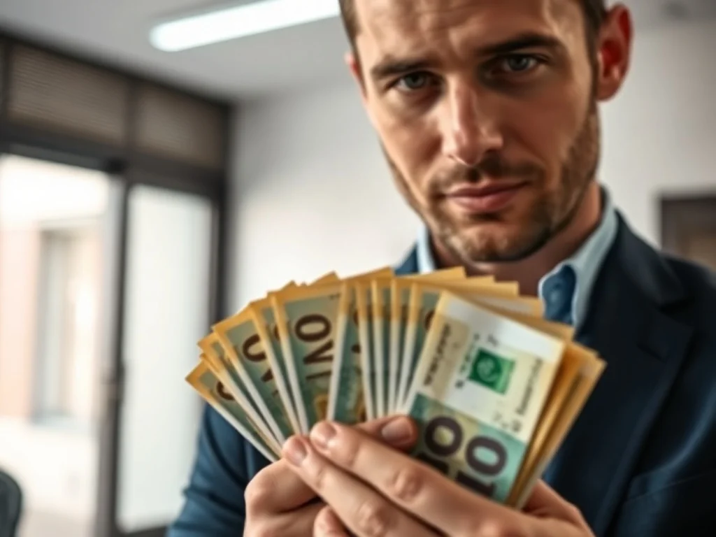 Mężczyzna trzymający w dłoniach plik nowych banknotów w nowoczesnym wnętrzu banku.