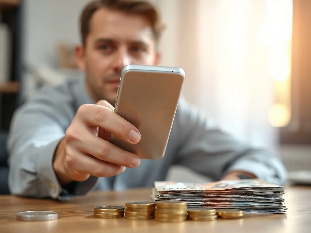 Mężczyzna trzymający smartfon z aplikacją do wymiany walut na tle banknotów i monet, ilustrujący temat kursów walutowych.