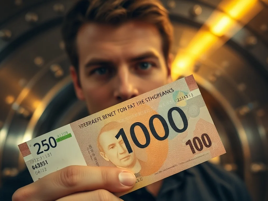 Zbliżenie na unikalny numer seryjny banknotu trzymanego w dłoni na tle nowoczesnego skarbca bankowego.