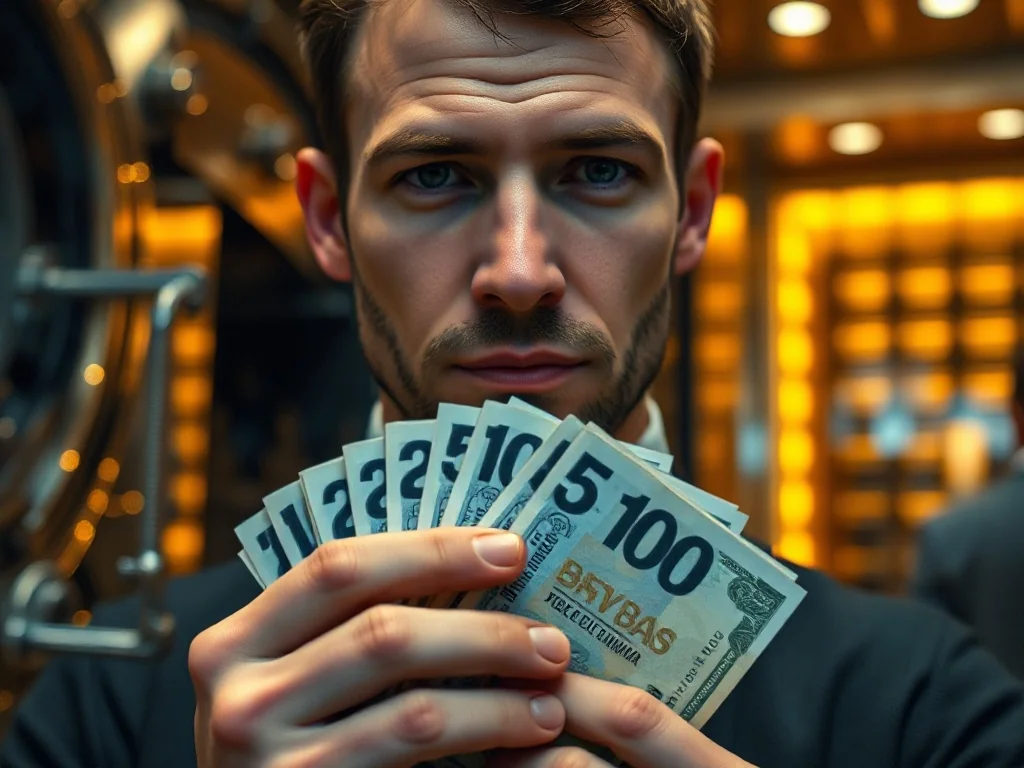 Mężczyzna trzymający w dłoniach plik banknotów na tle nowoczesnego skarbca bankowego.