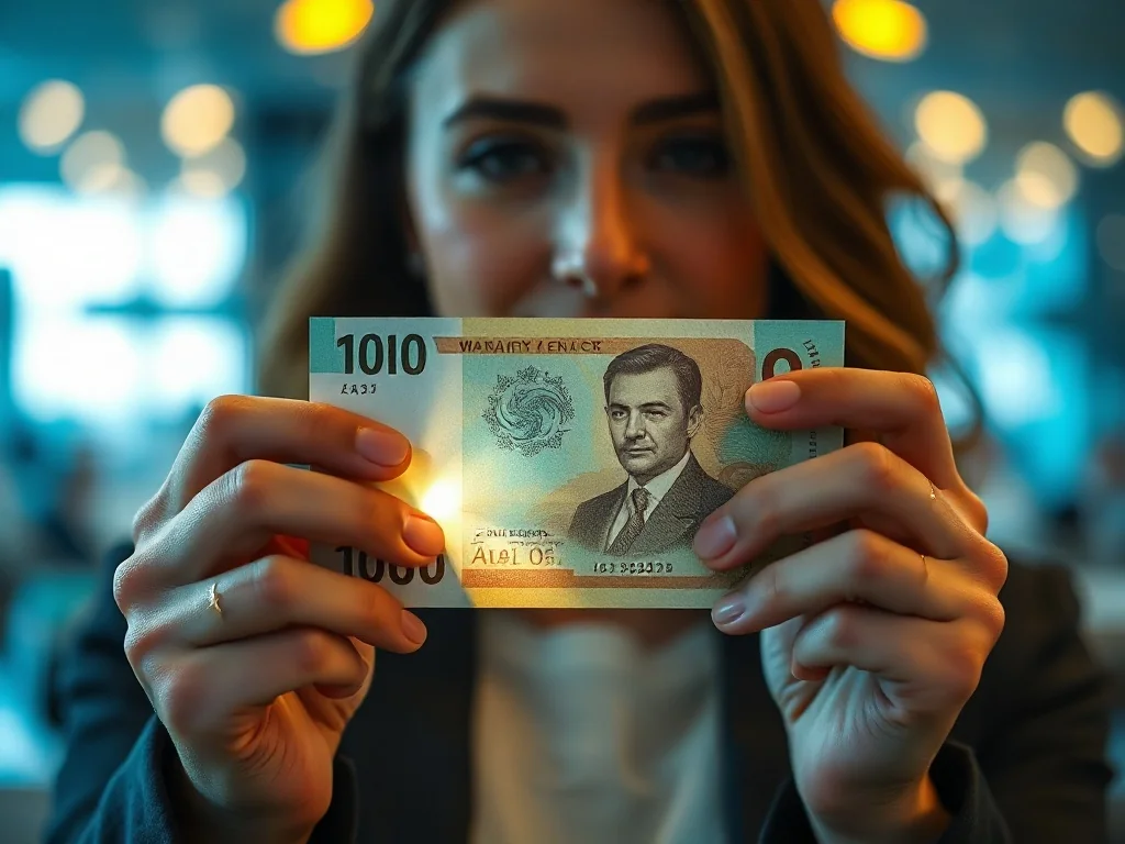Dłonie trzymające banknot pod światło w celu sprawdzenia znaku wodnego i autentyczności pieniędzy.